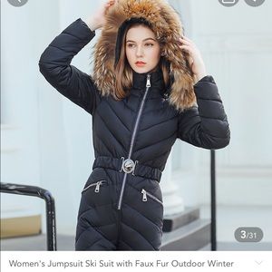 Ski /snow jumpsuit black with fur hood and belt. Very fashionable and functional
